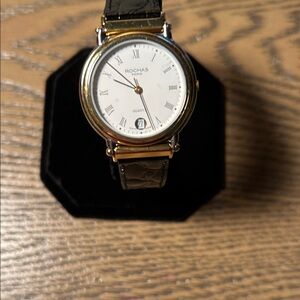 Rochas Gold Plated Case Watch with Black Strap